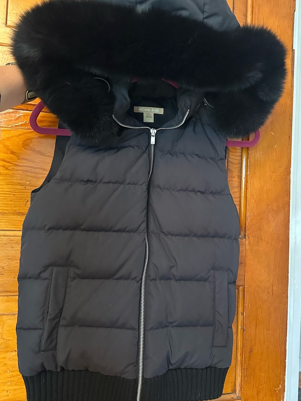 Michael Kors Black Hooded Puffer Vest with Rabbit Fur Hood